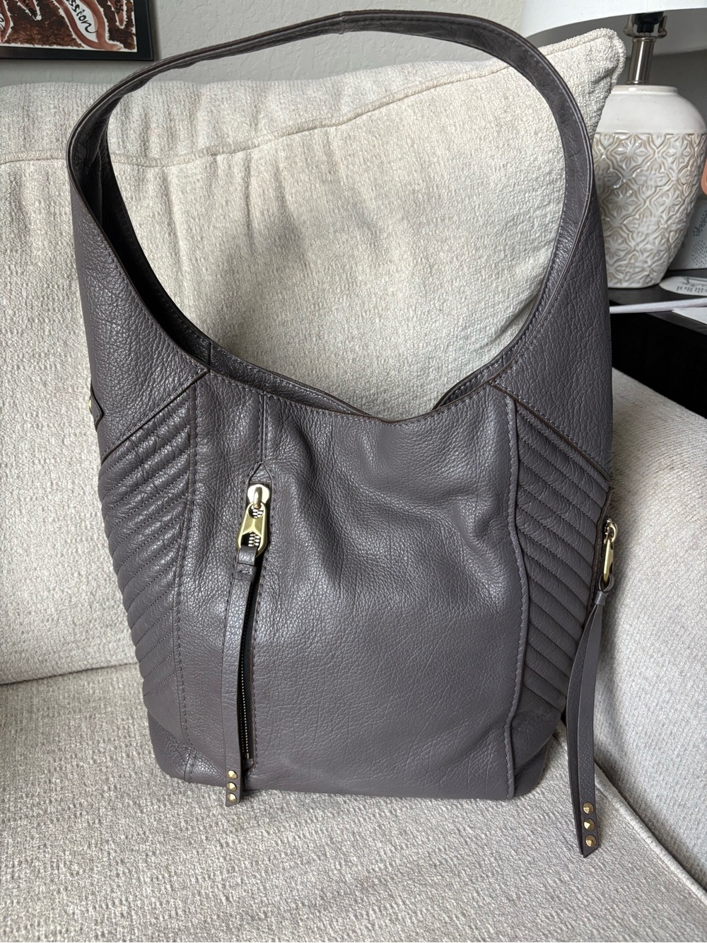 orYANY Luciana Pebbled Leather Hobo Bag Taupe Gray Brass Hardware Cleaned EUC